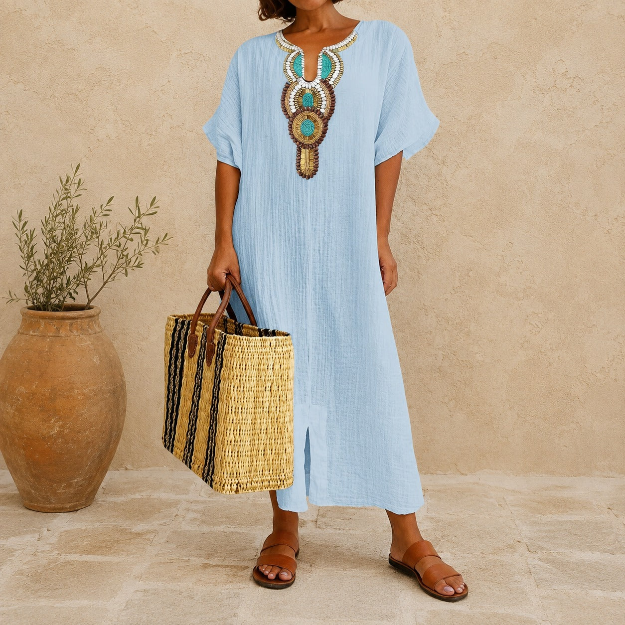 Amarena™ Dress with Vintage Mediterranean Design, Structured Neckline and Hem Slit