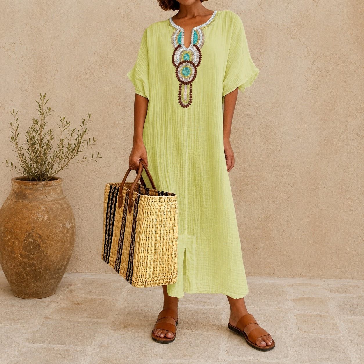 Amarena™ Dress with Vintage Mediterranean Design, Structured Neckline and Hem Slit