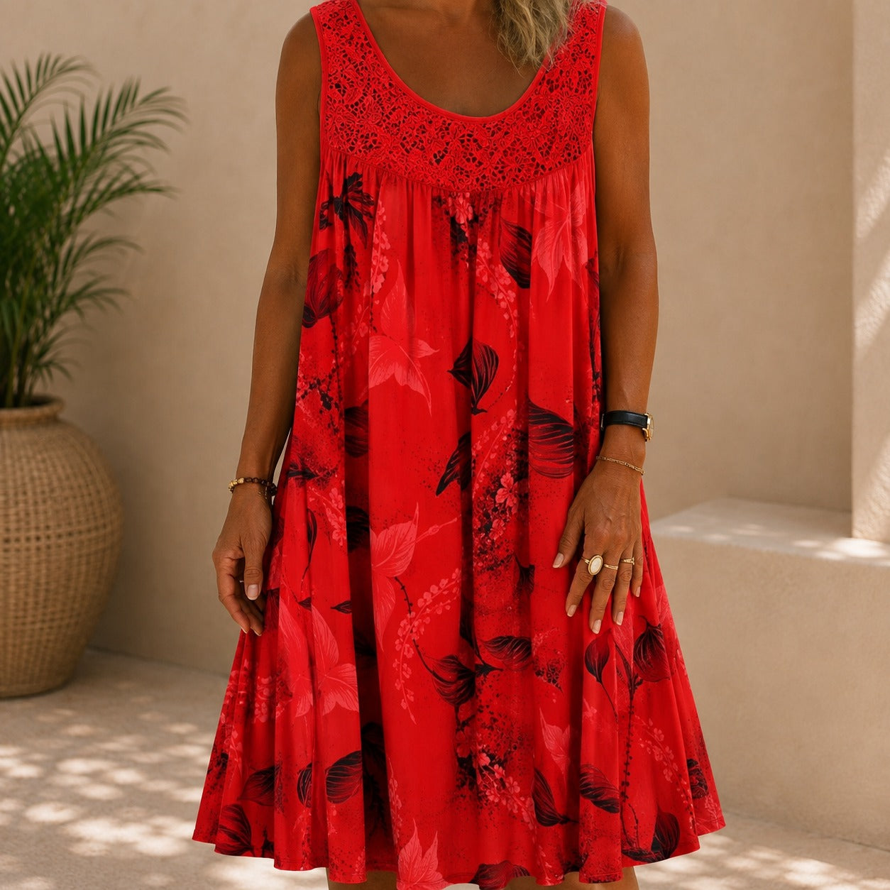 Dress Delphine™ with Lace Yoke, Floral Print and Relaxed Fit