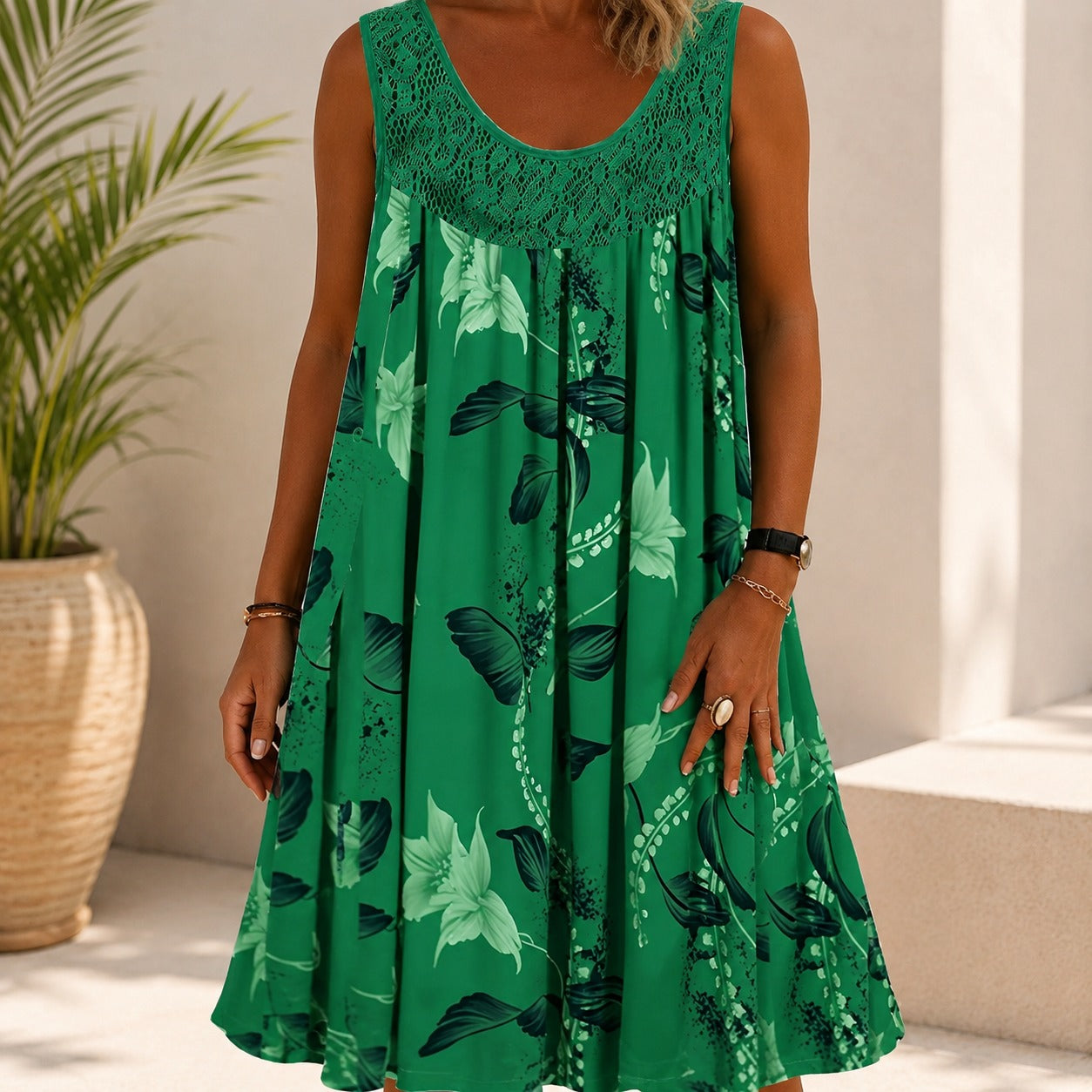 Dress Delphine™ with Lace Yoke, Floral Print and Relaxed Fit