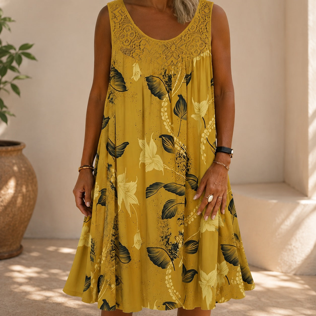 Dress Delphine™ with Lace Yoke, Floral Print and Relaxed Fit