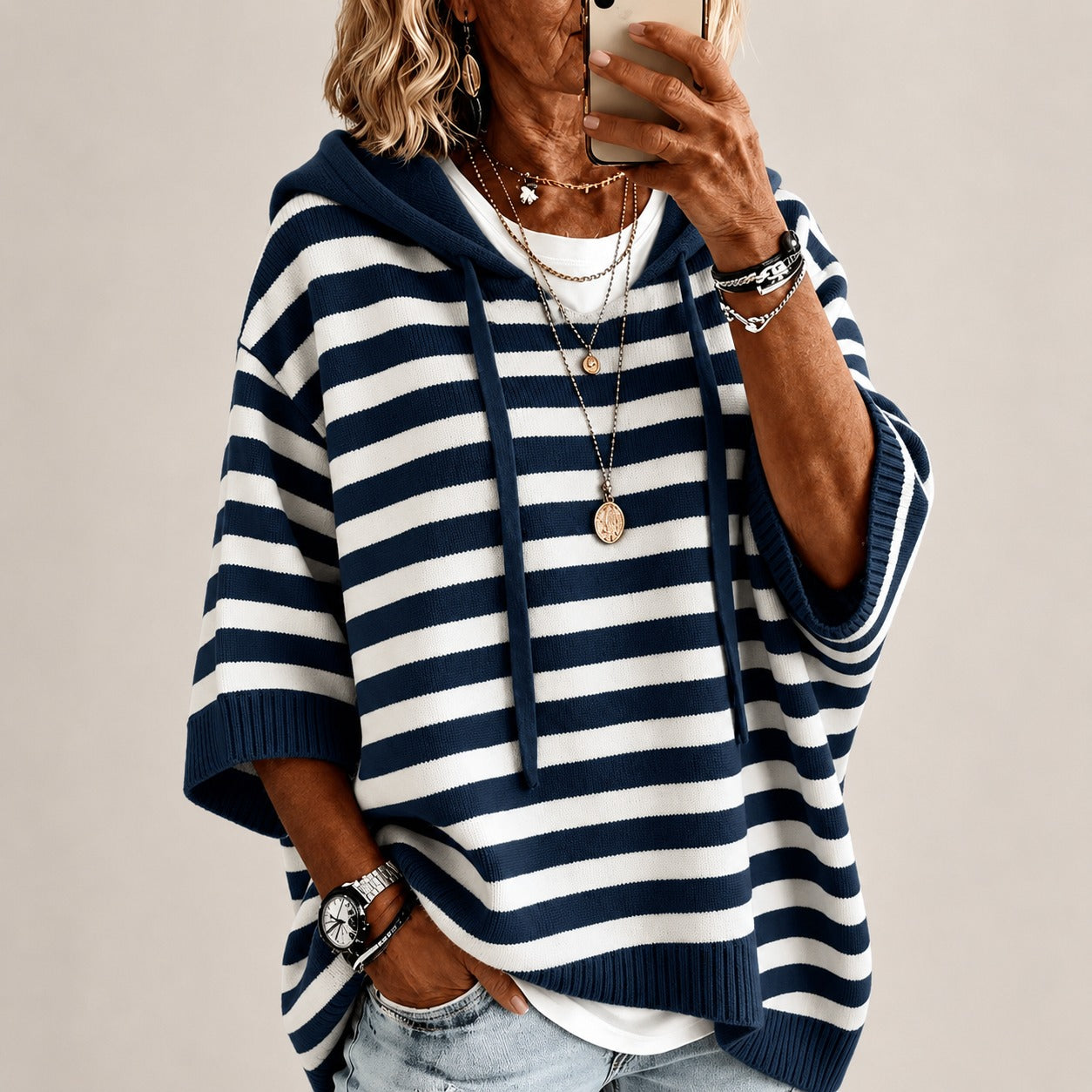 Lightweight Sweater Ada™ with Hood, Contrast Stripes and Ribbed Trim