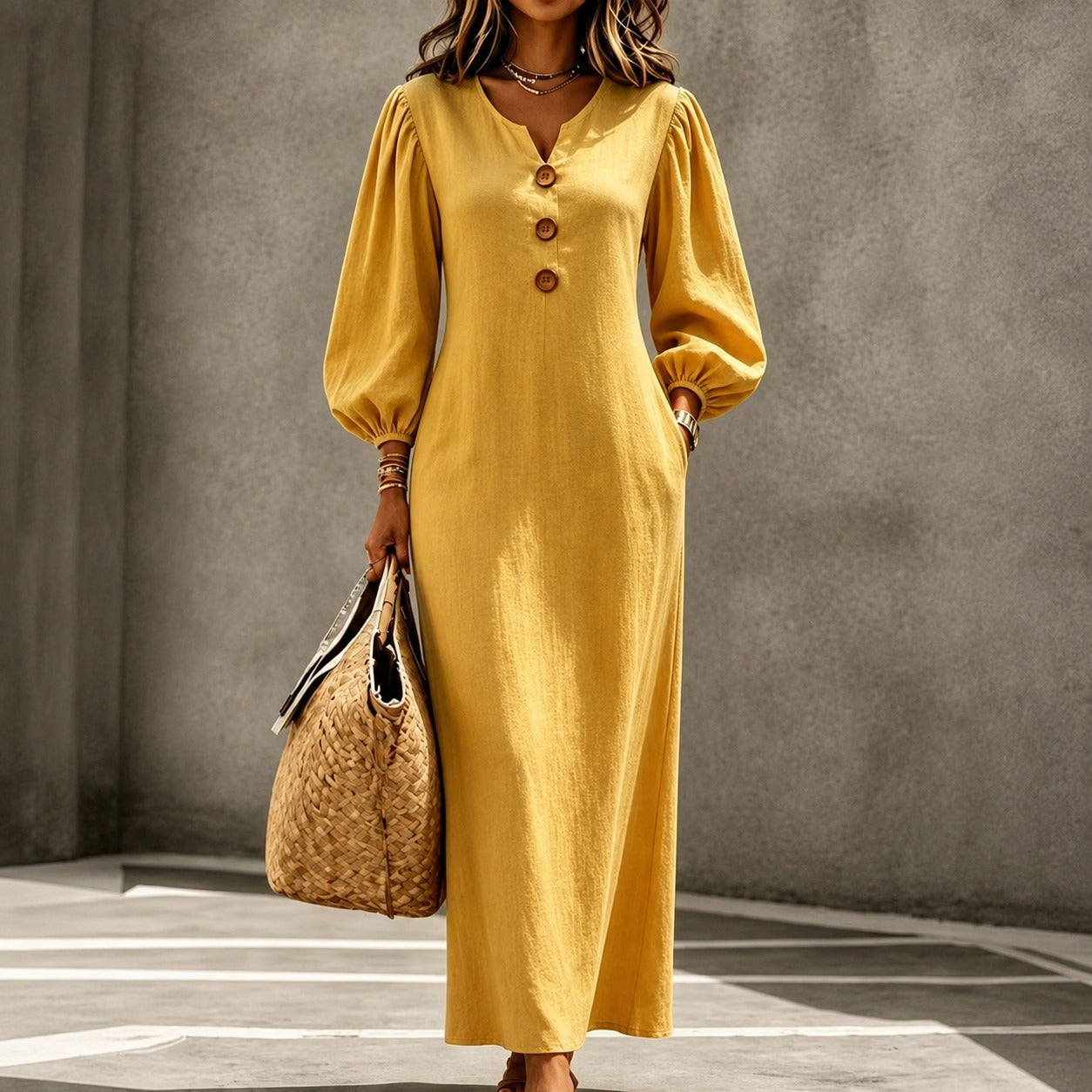 Dress Ashley™ in Cotton-Linen with Button-Front and Puff Sleeves