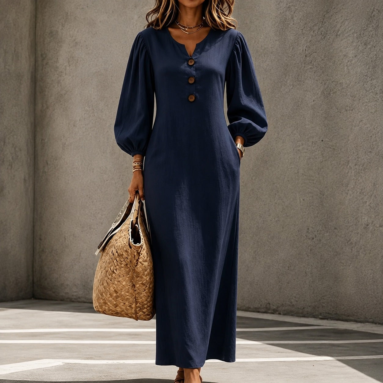 Dress Ashley™ in Cotton-Linen with Button-Front and Puff Sleeves