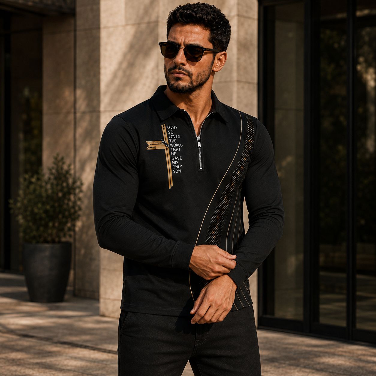 Shirt Blaine™ with Gold Accents, Textured Panel and Half-Zip Collar
