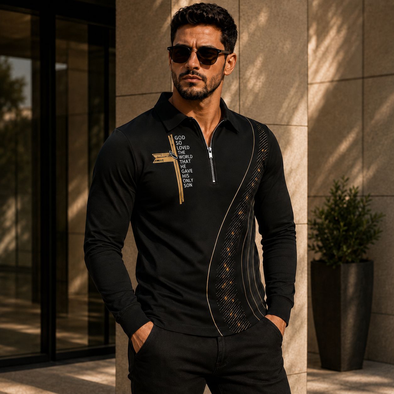 Shirt Blaine™ with Gold Accents, Textured Panel and Half-Zip Collar