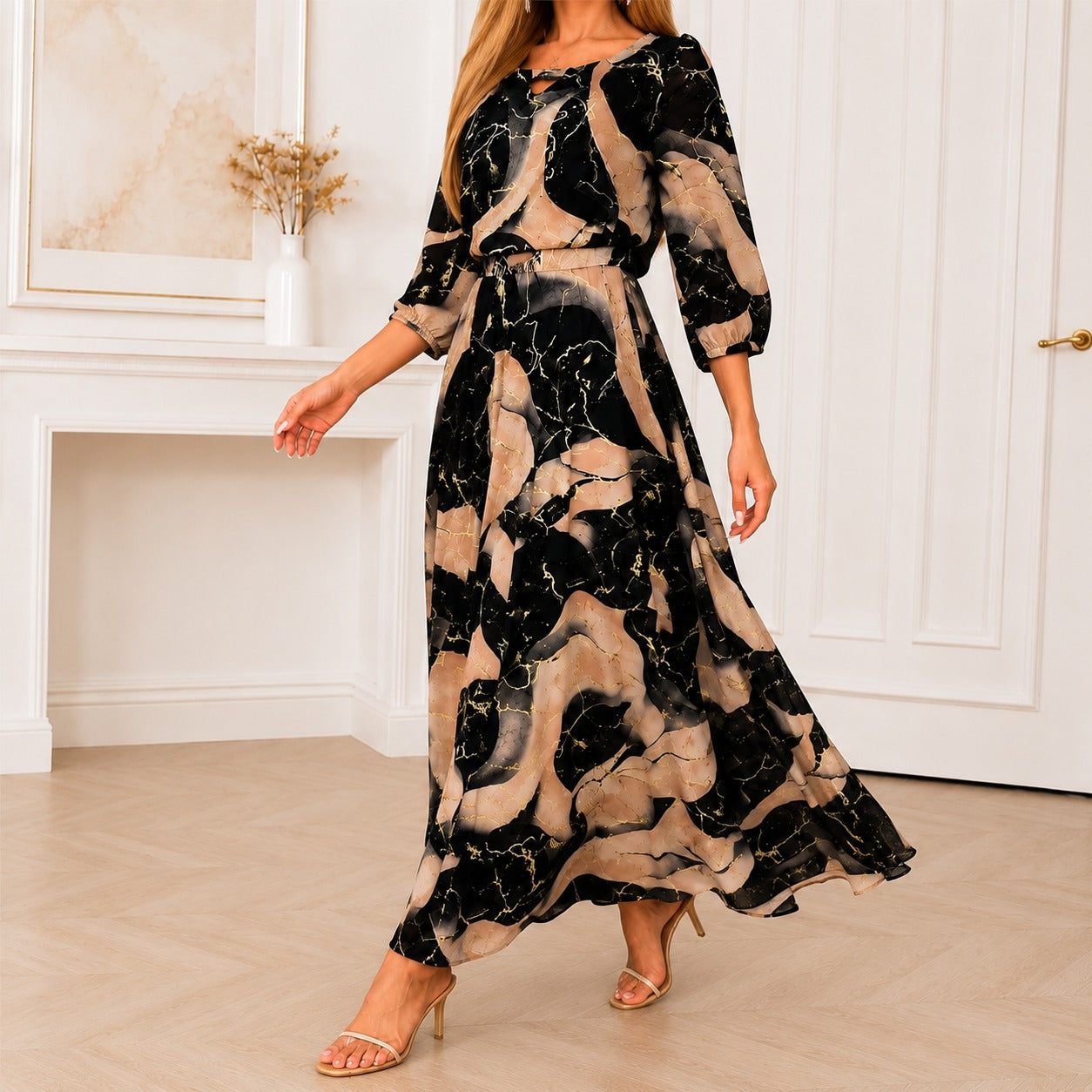 Veloria™ Maxi Dress with Abstract Print, Defined Waist and 3/4 Sleeves