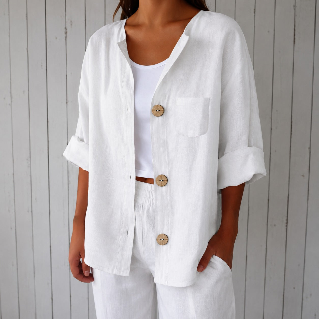Rebecca™ Cotton-Linen Shirt with Button-Front, 3/4 Sleeves and Front Pocket