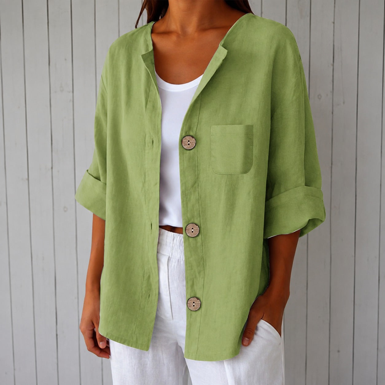 Rebecca™ Cotton-Linen Shirt with Button-Front, 3/4 Sleeves and Front Pocket