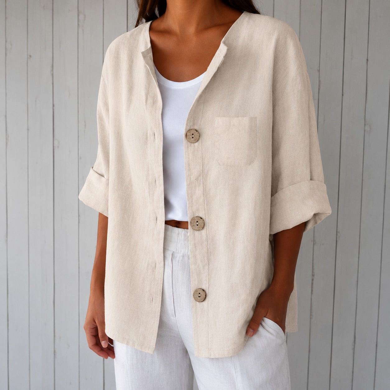 Rebecca™ Cotton-Linen Shirt with Button-Front, 3/4 Sleeves and Front Pocket
