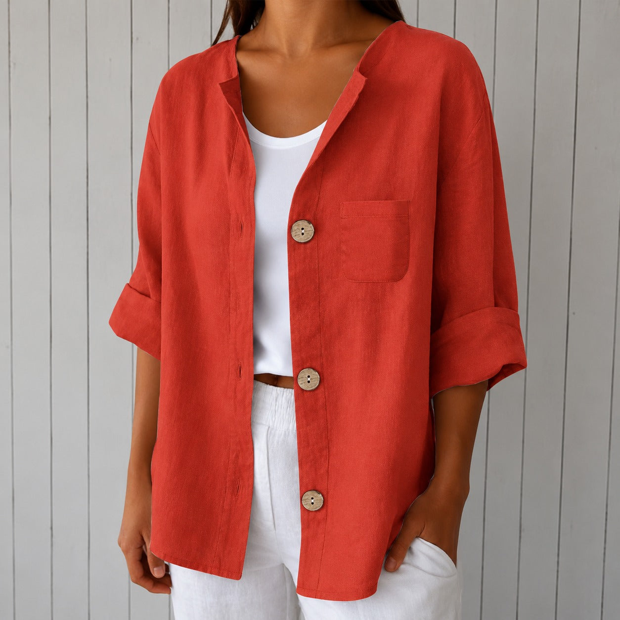 Rebecca™ Cotton-Linen Shirt with Button-Front, 3/4 Sleeves and Front Pocket