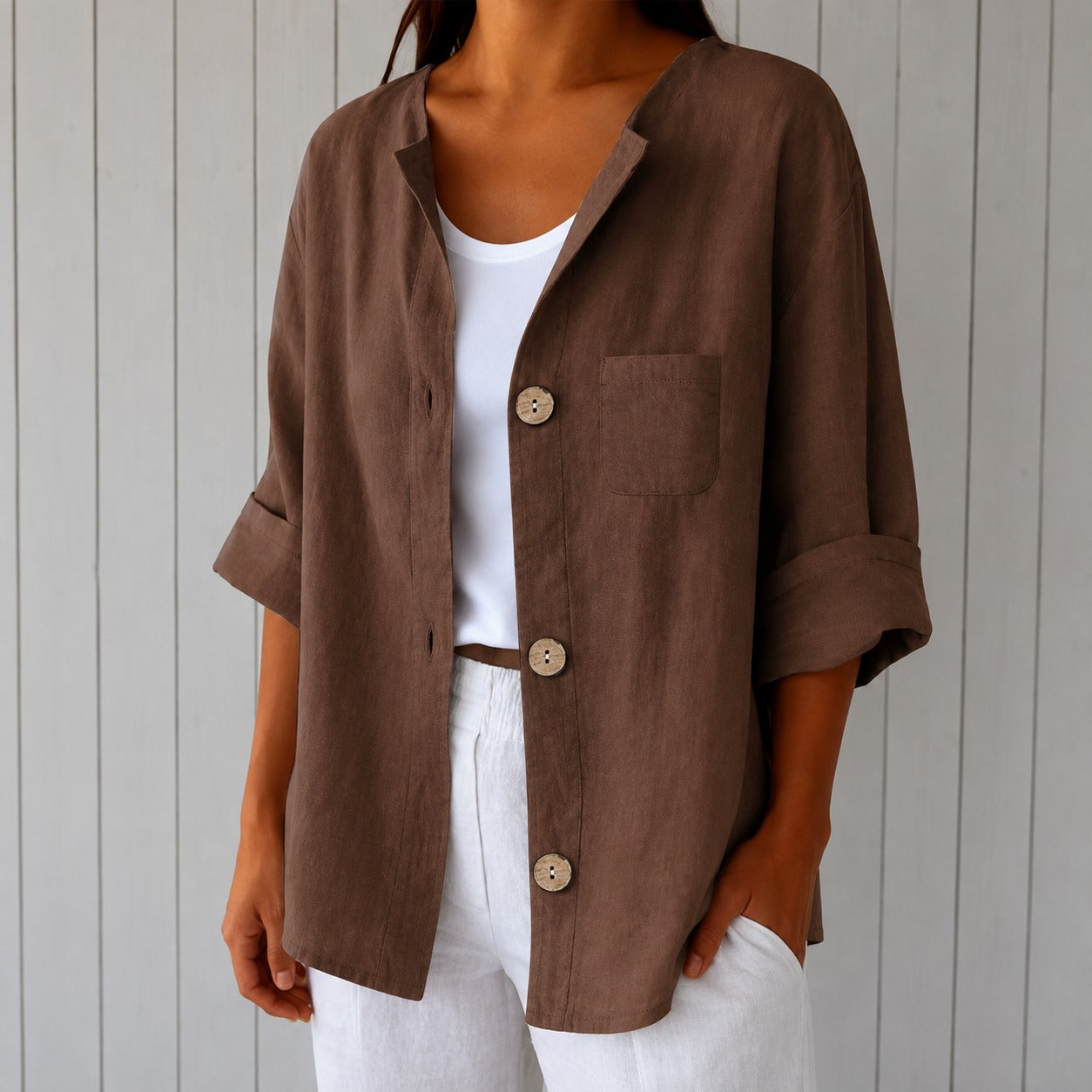 Rebecca™ Cotton-Linen Shirt with Button-Front, 3/4 Sleeves and Front Pocket