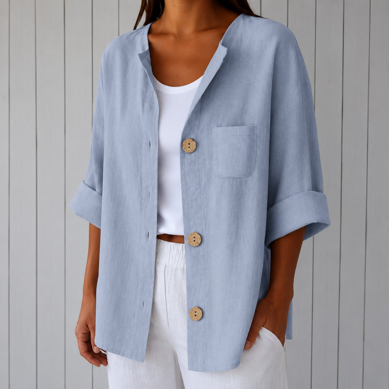 Rebecca™ Cotton-Linen Shirt with Button-Front, 3/4 Sleeves and Front Pocket