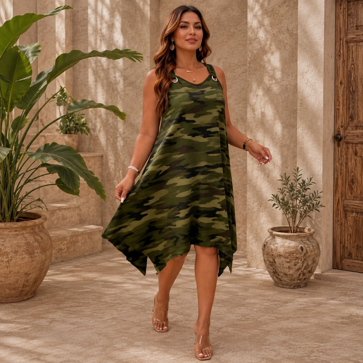 Dress Taryn™ with Camo Print, Asymmetric Hem and Flowy Drape