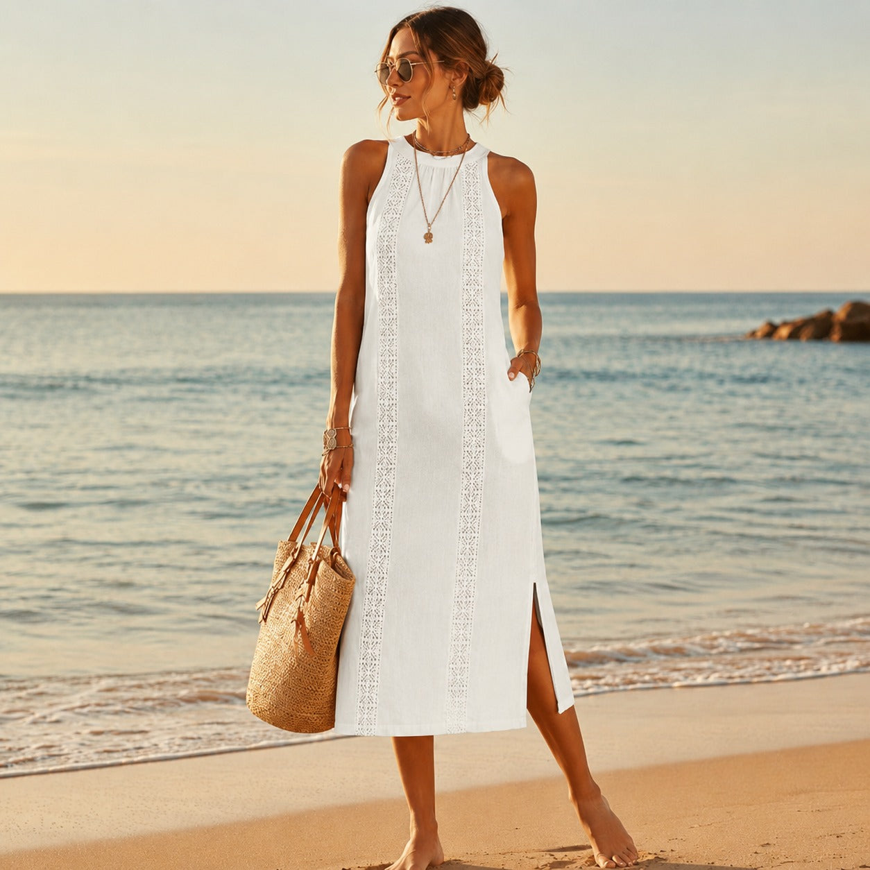 Coralie™ Linen Cotton Dress with Godet Skirt and Vertical Ornamental Details