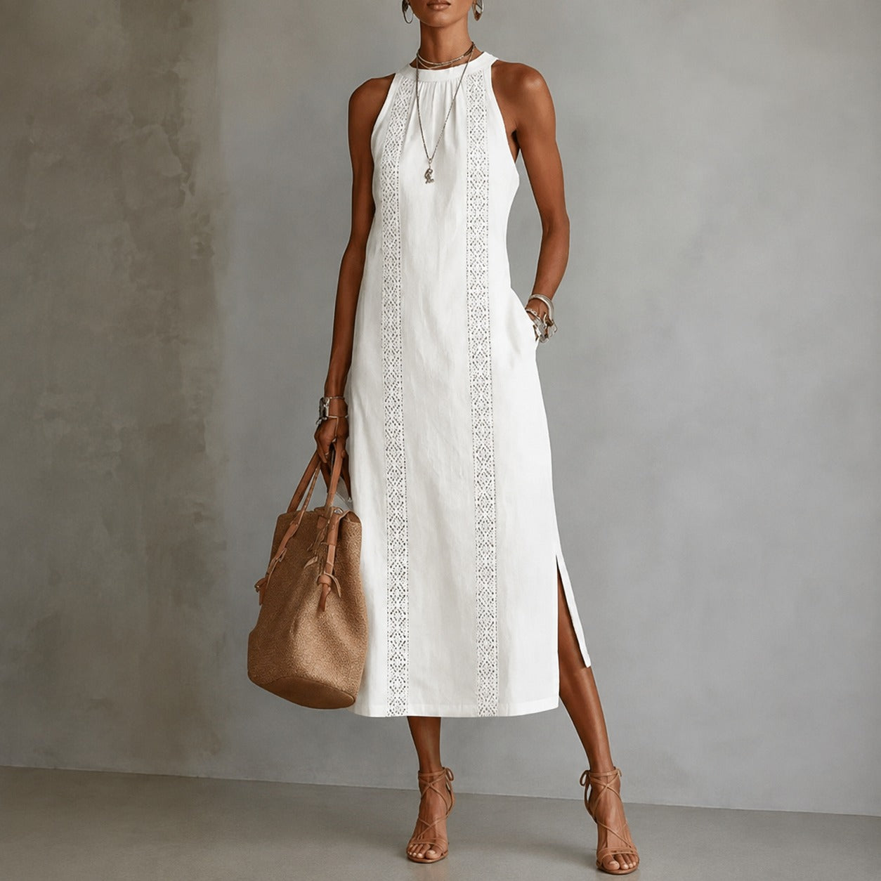 Coralie™ Linen Cotton Dress with Godet Skirt and Vertical Ornamental Details