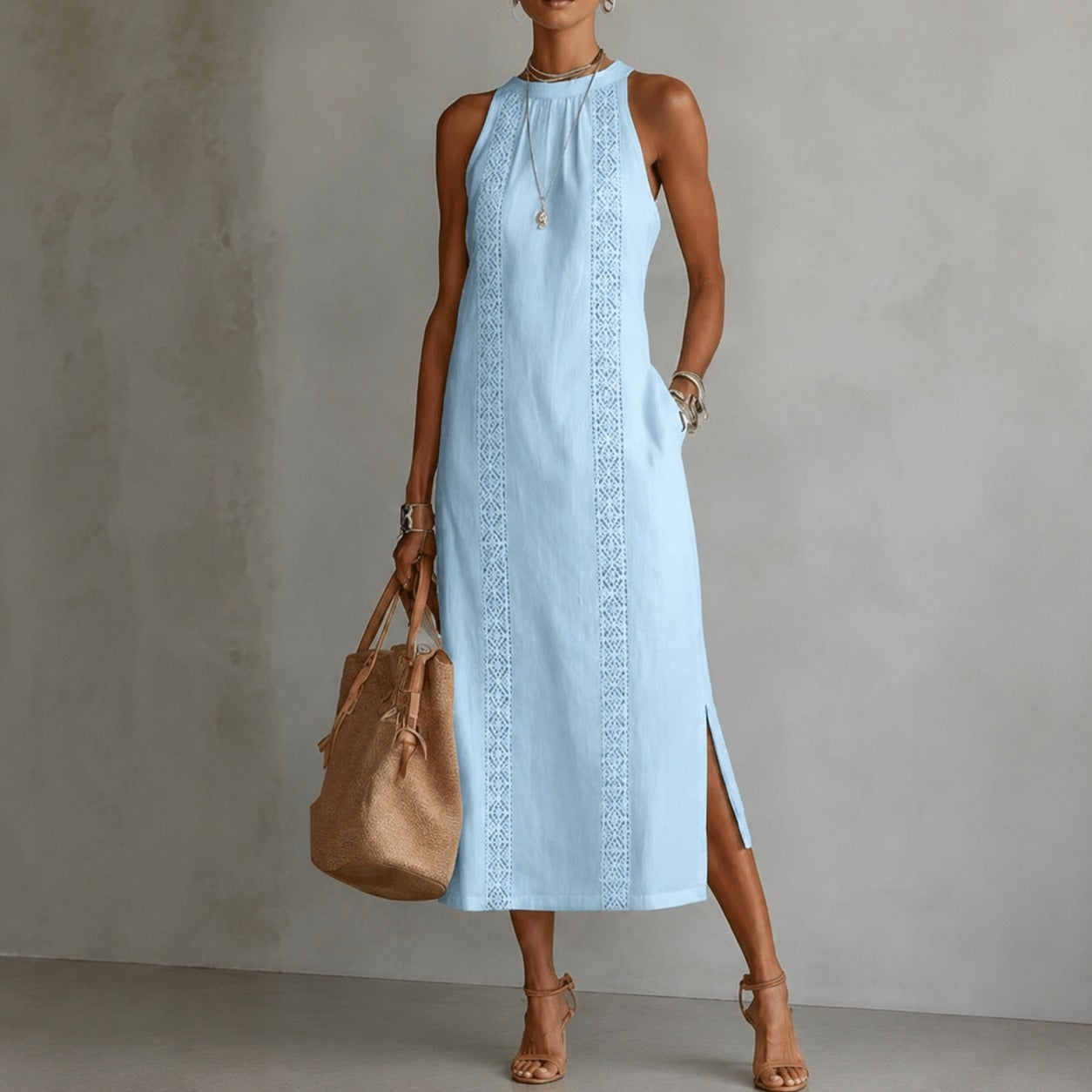 Coralie™ Linen Cotton Dress with Godet Skirt and Vertical Ornamental Details