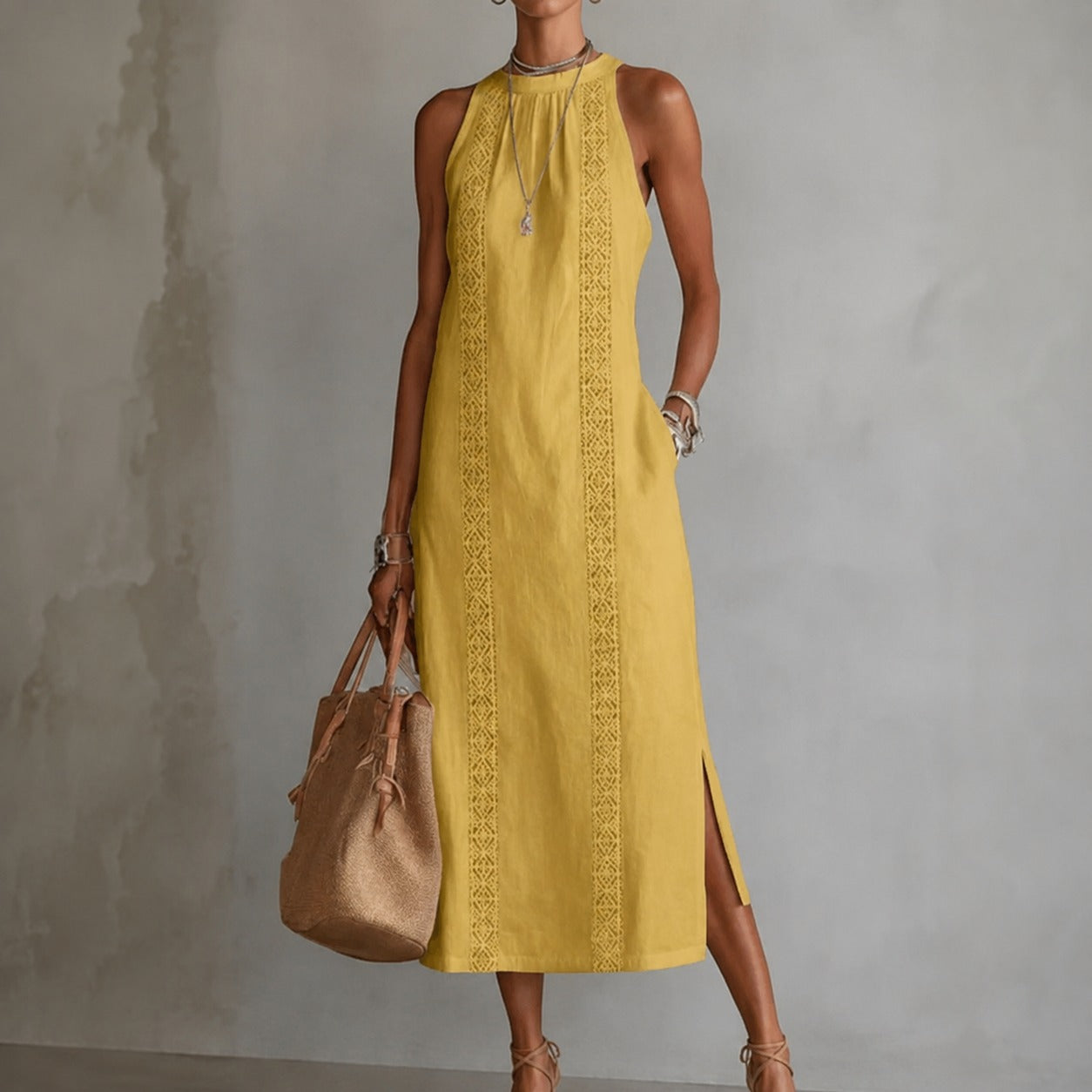 Coralie™ Linen Cotton Dress with Godet Skirt and Vertical Ornamental Details