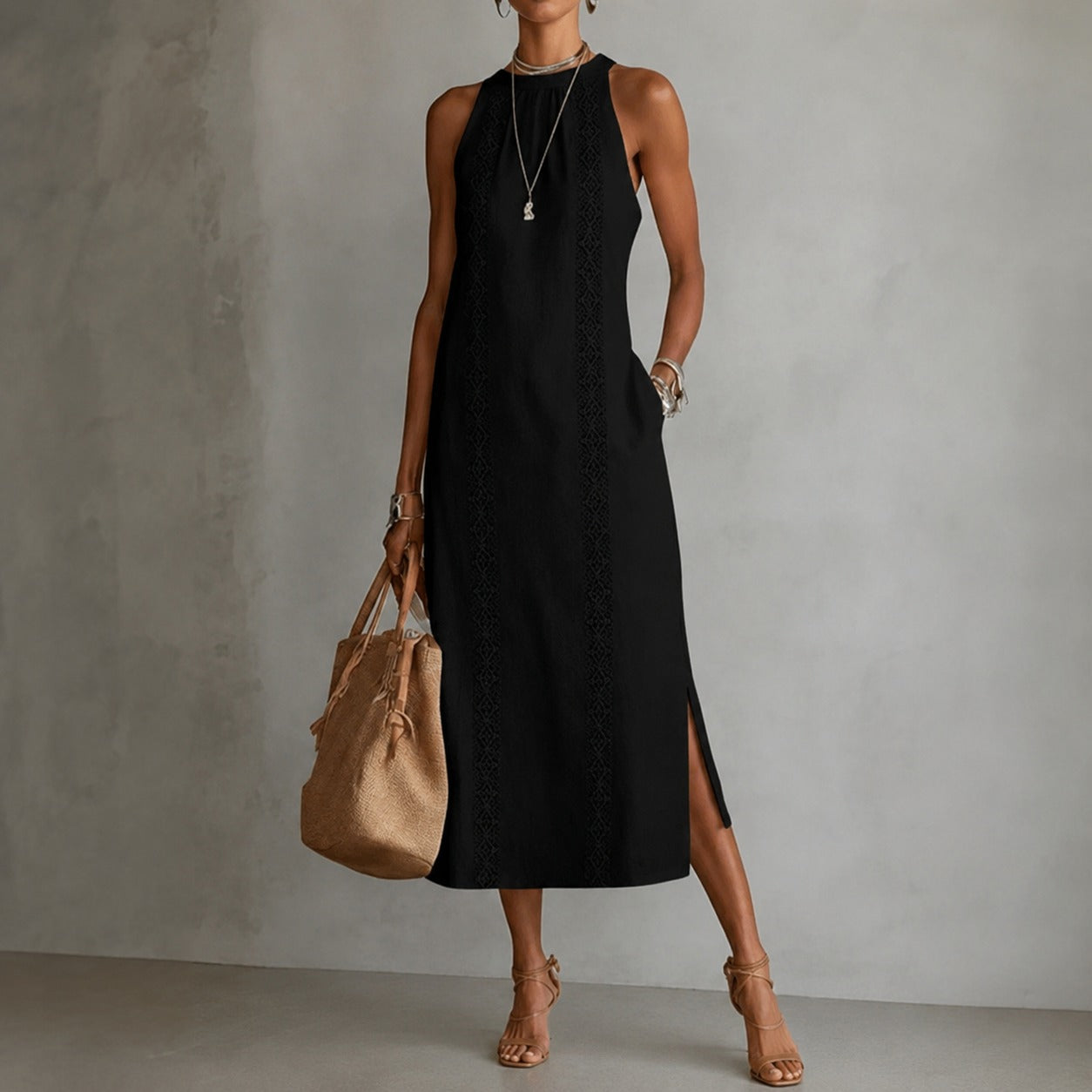 Coralie™ Linen Cotton Dress with Godet Skirt and Vertical Ornamental Details