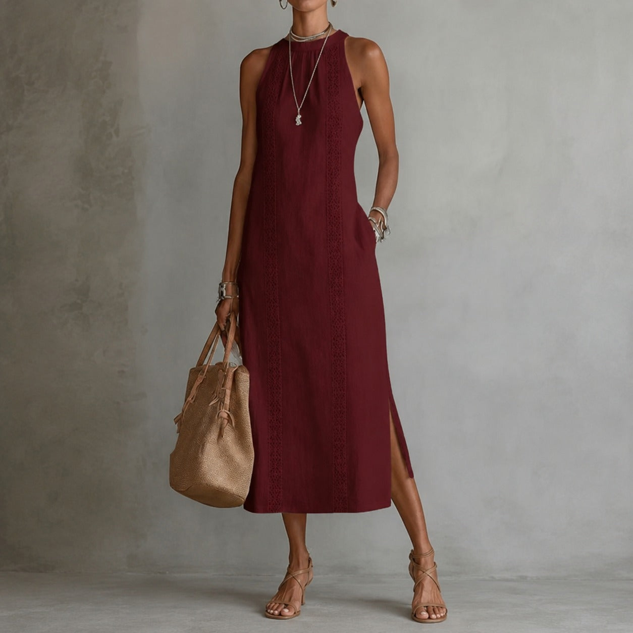 Coralie™ Linen Cotton Dress with Godet Skirt and Vertical Ornamental Details