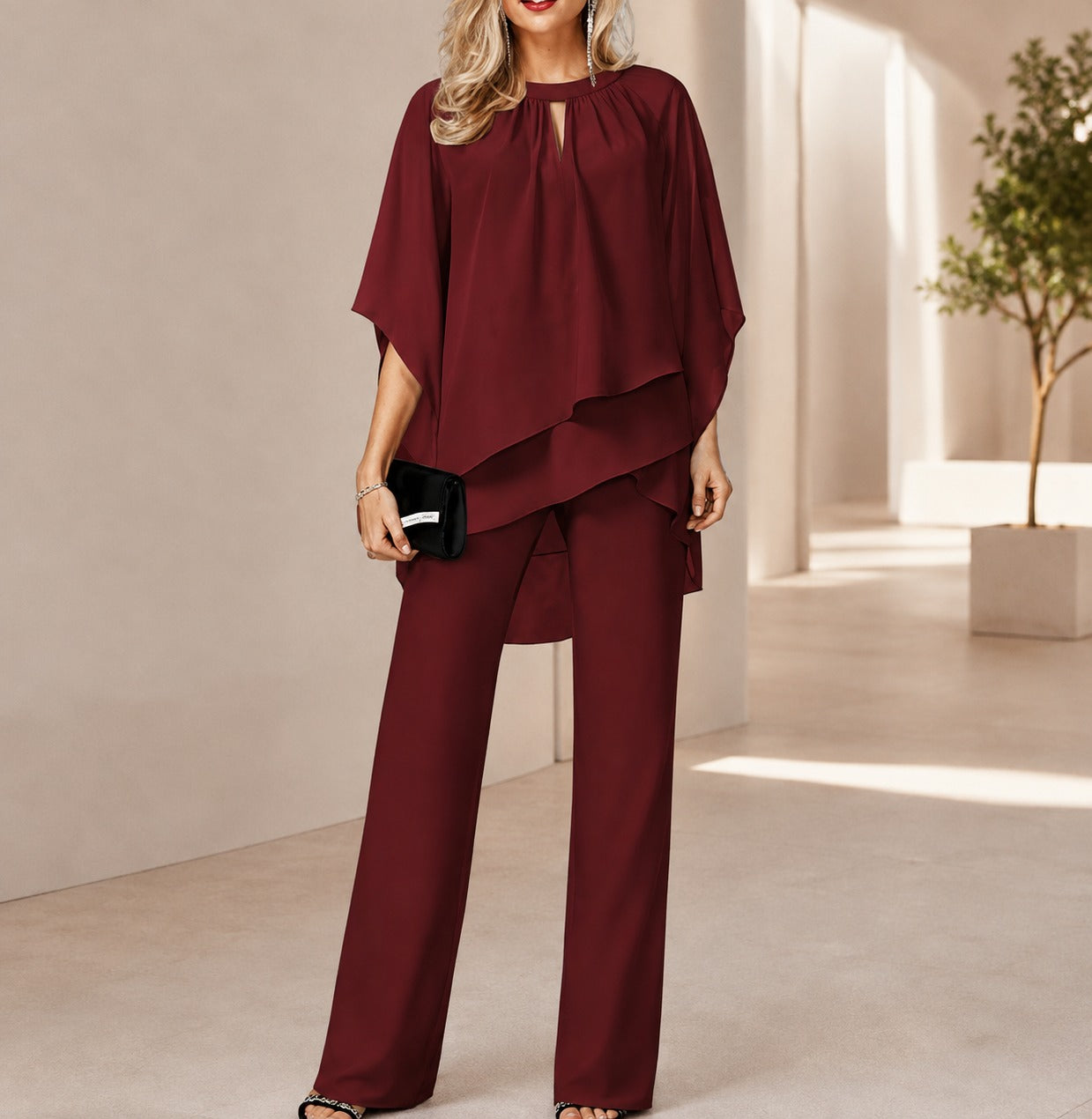 Celienne™ Set with Chiffon Blouse, High-Low Hem and Sophisticated Straight-Leg Pants / A Complete Look for Special Occasions