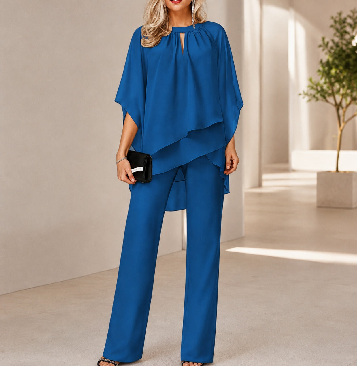 Celienne™ Set with Chiffon Blouse, High-Low Hem and Sophisticated Straight-Leg Pants / A Complete Look for Special Occasions