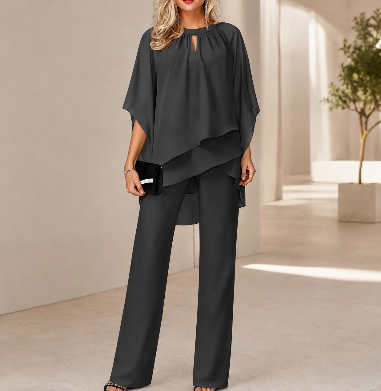 Celienne™ Set with Chiffon Blouse, High-Low Hem and Sophisticated Straight-Leg Pants / A Complete Look for Special Occasions