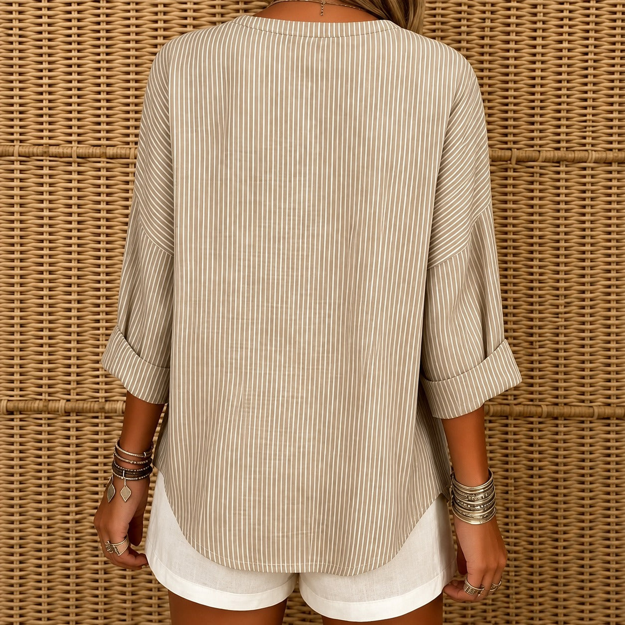 Maressa™ Blouse with Band Collar, 3/4 Sleeves and Vertical Stripes / The Casual Look That Instantly Feels More Elegant