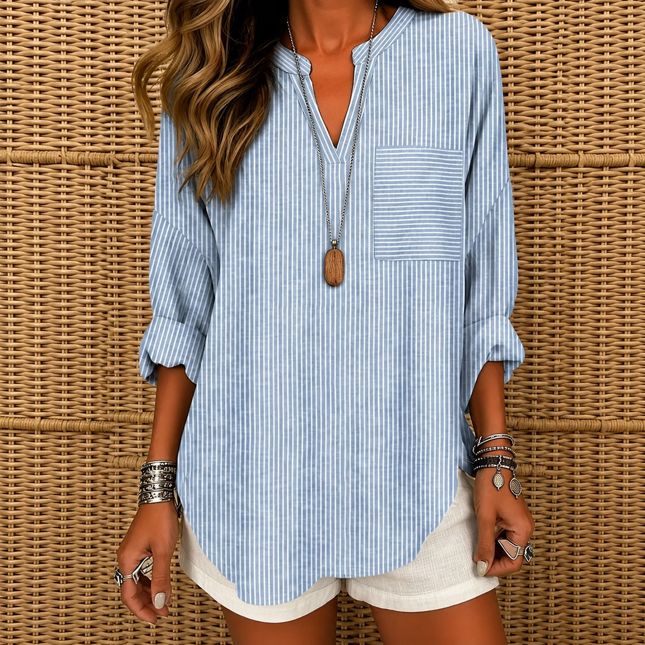 Maressa™ Blouse with Band Collar, 3/4 Sleeves and Vertical Stripes / The Casual Look That Instantly Feels More Elegant