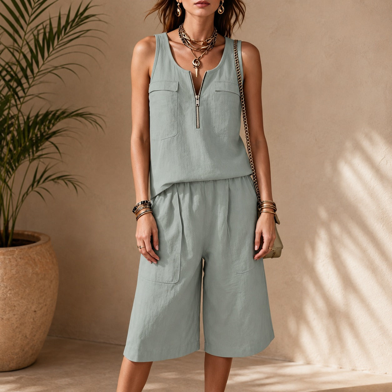 Two-Piece Set Leah™ with Zip-Up Top and Elastic-Waist Bermuda Shorts
