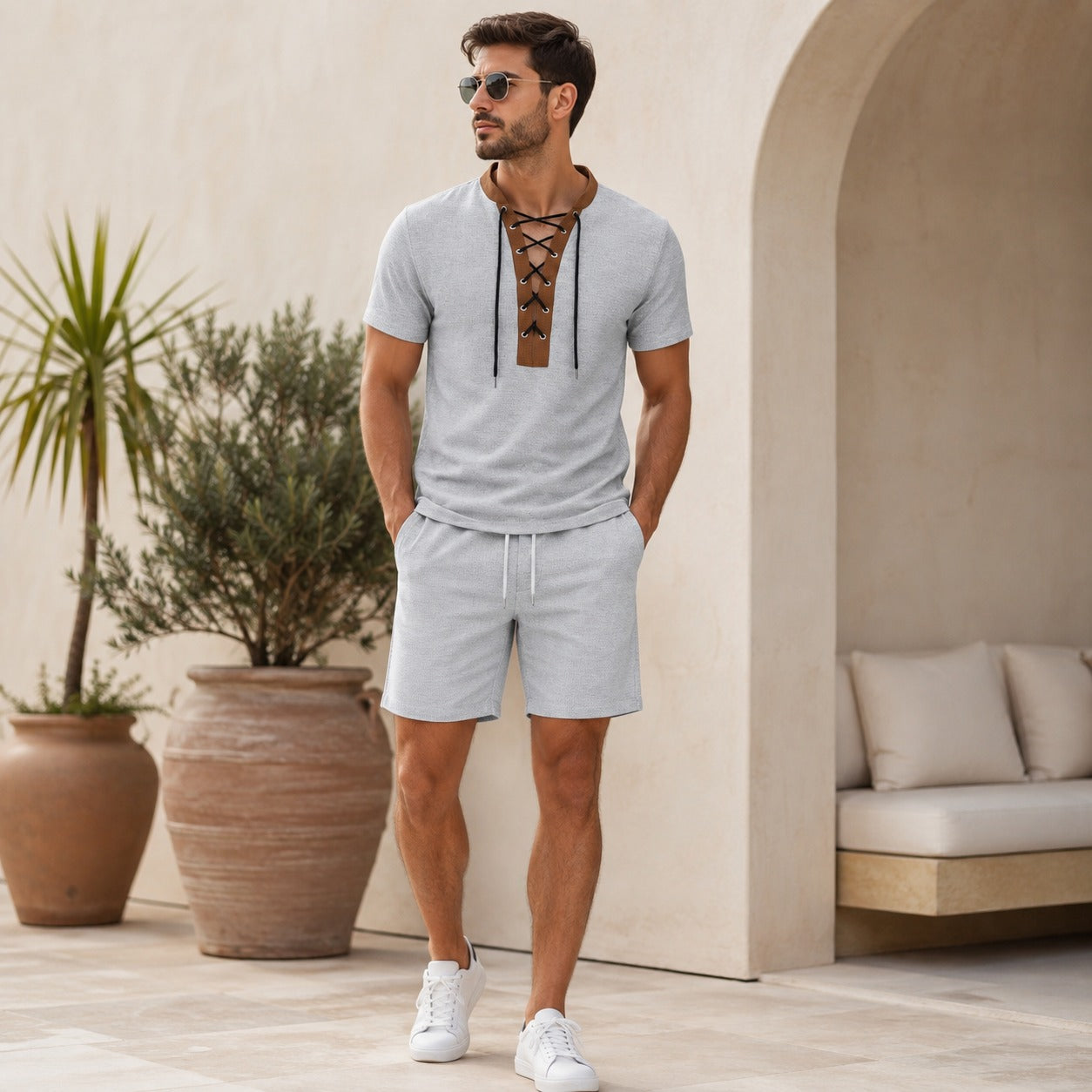 Set Caspian™ with Lace-Up Short-Sleeve Top and Drawstring Shorts