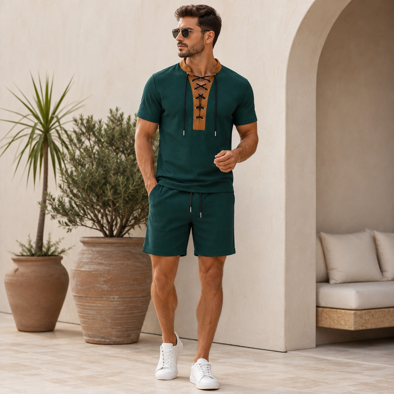 Set Caspian™ with Lace-Up Short-Sleeve Top and Drawstring Shorts