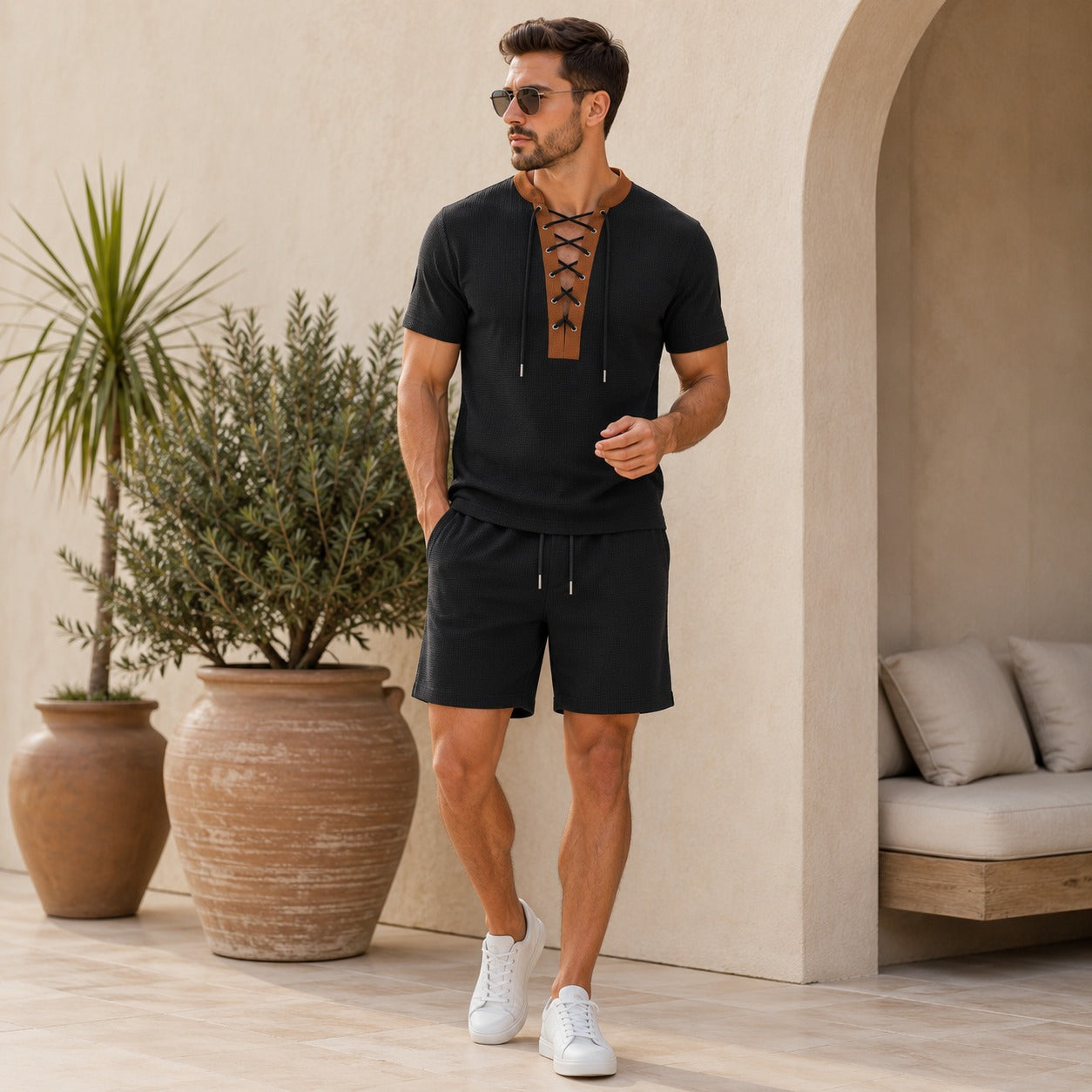 Set Caspian™ with Lace-Up Short-Sleeve Top and Drawstring Shorts