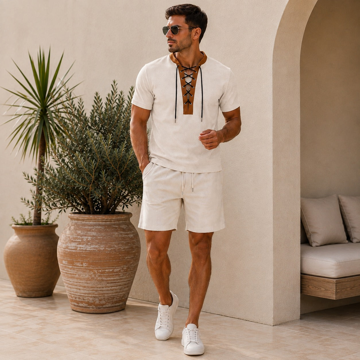 Set Caspian™ with Lace-Up Short-Sleeve Top and Drawstring Shorts