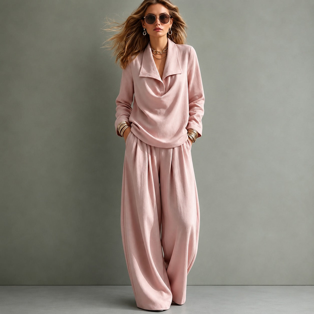 Set Sloane™ with Draped-Collar Top and Flowy Wide-Leg Pants