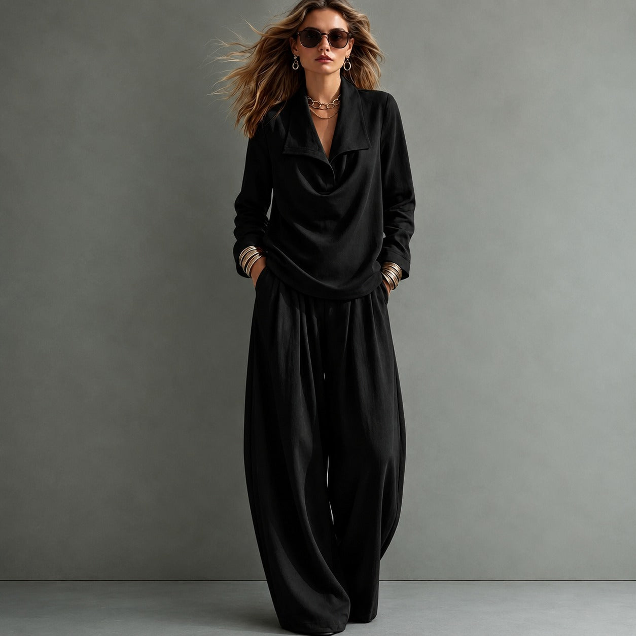 Set Sloane™ with Draped-Collar Top and Flowy Wide-Leg Pants