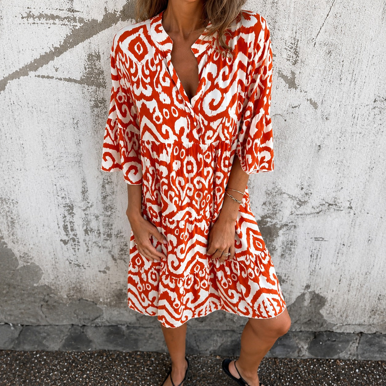 Amarena™ Dress with Ornamental Abstract Print and 3/4 Sleeves
