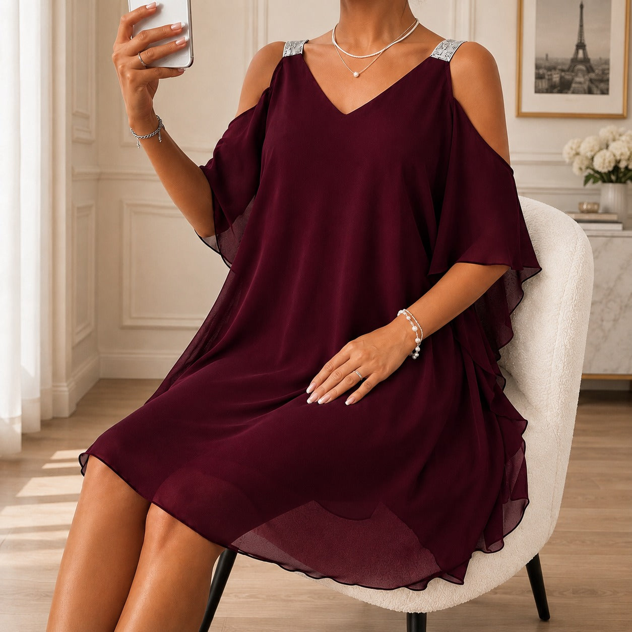 Noelle™ Dress with Cascading Side Ruffles, A-Line Silhouette and Embellished Straps