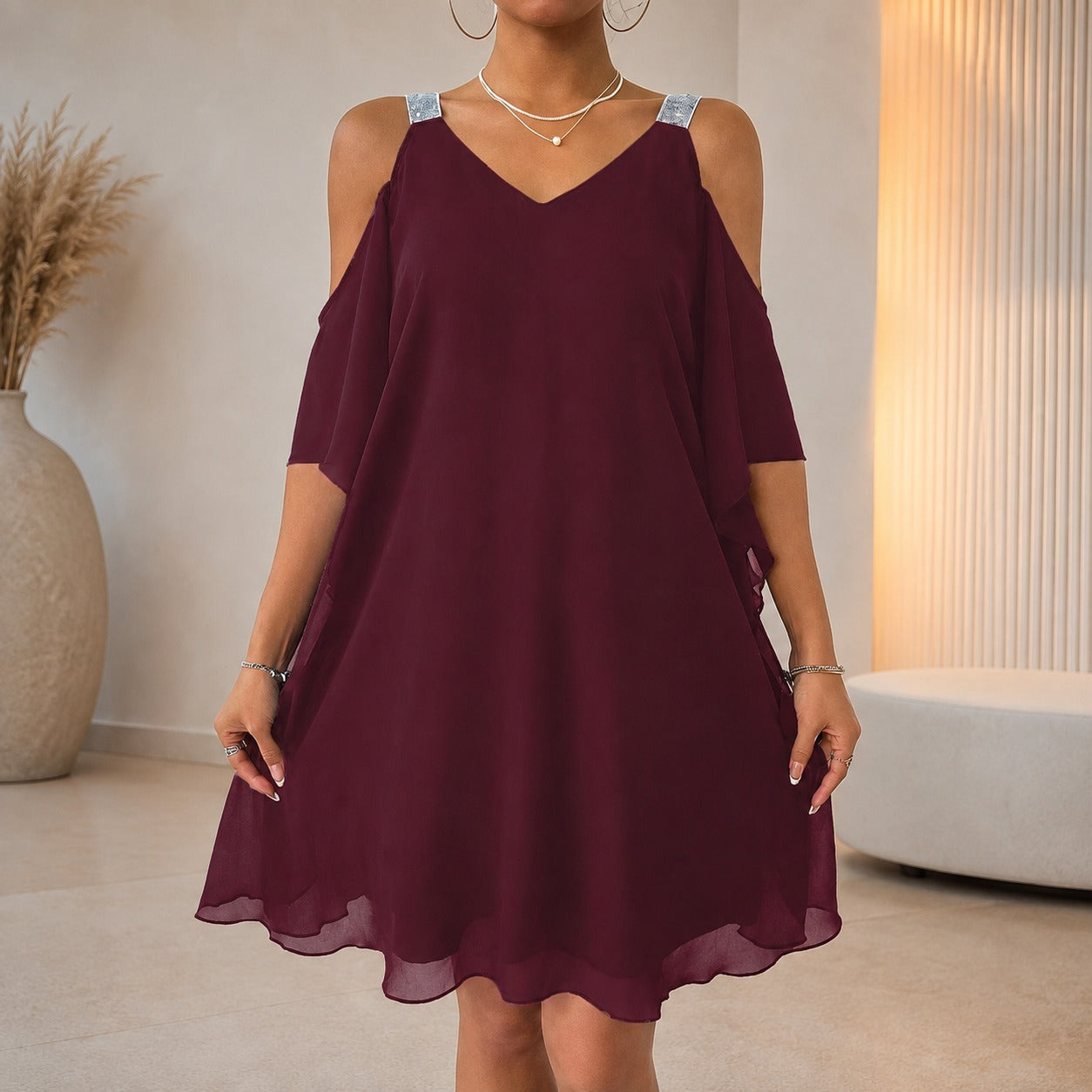Noelle™ Dress with Cascading Side Ruffles, A-Line Silhouette and Embellished Straps