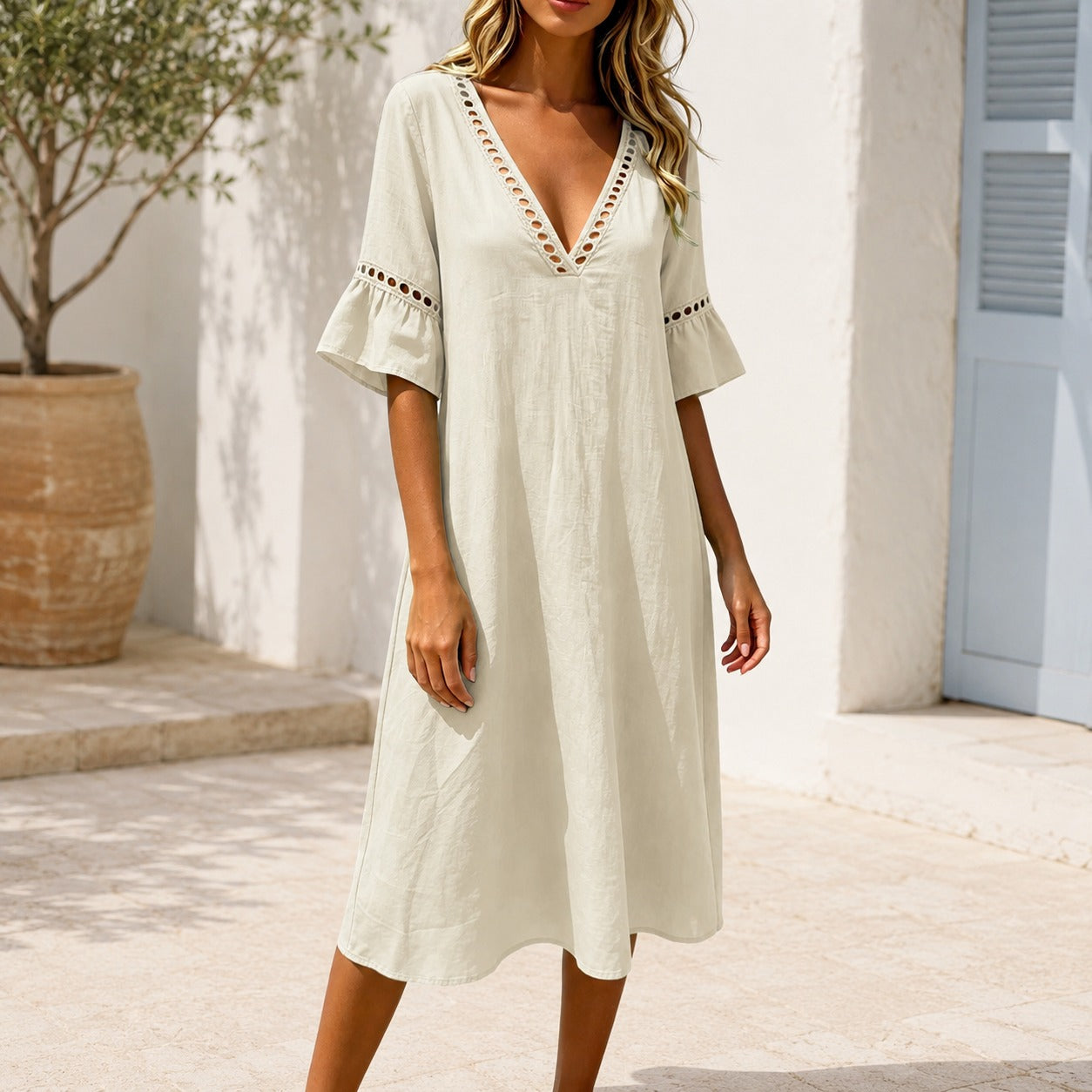 Ayla™ Linen-Cotton Dress with V-Neck and Ruffled Sleeves / Lightweight Elegance for Warm Days