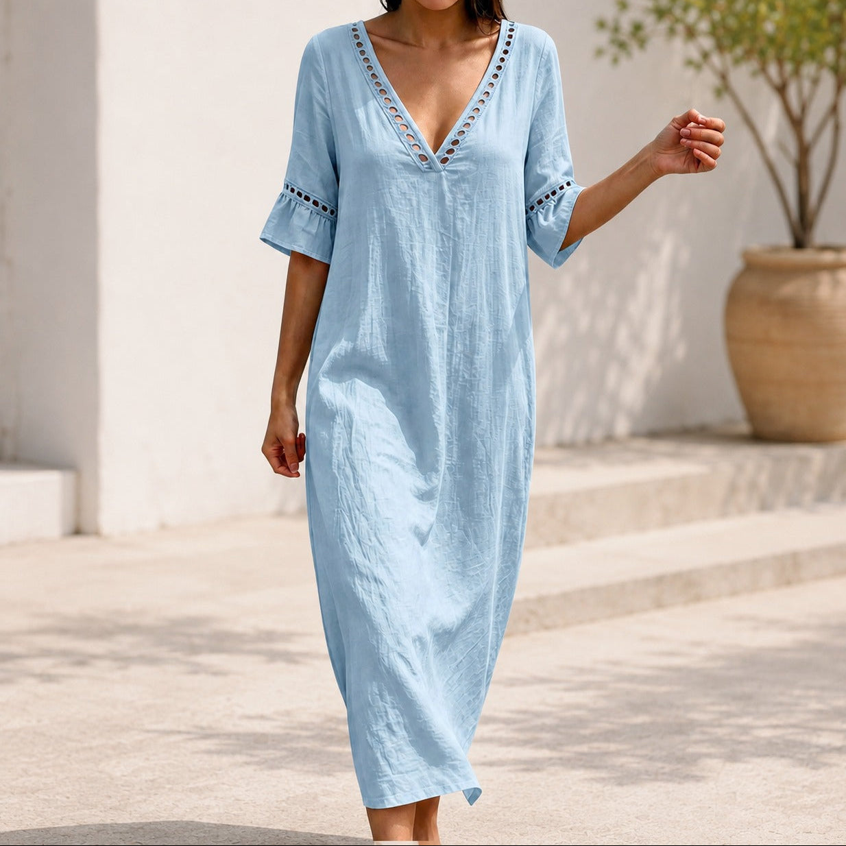 Ayla™ Linen-Cotton Dress with V-Neck and Ruffled Sleeves / Lightweight Elegance for Warm Days