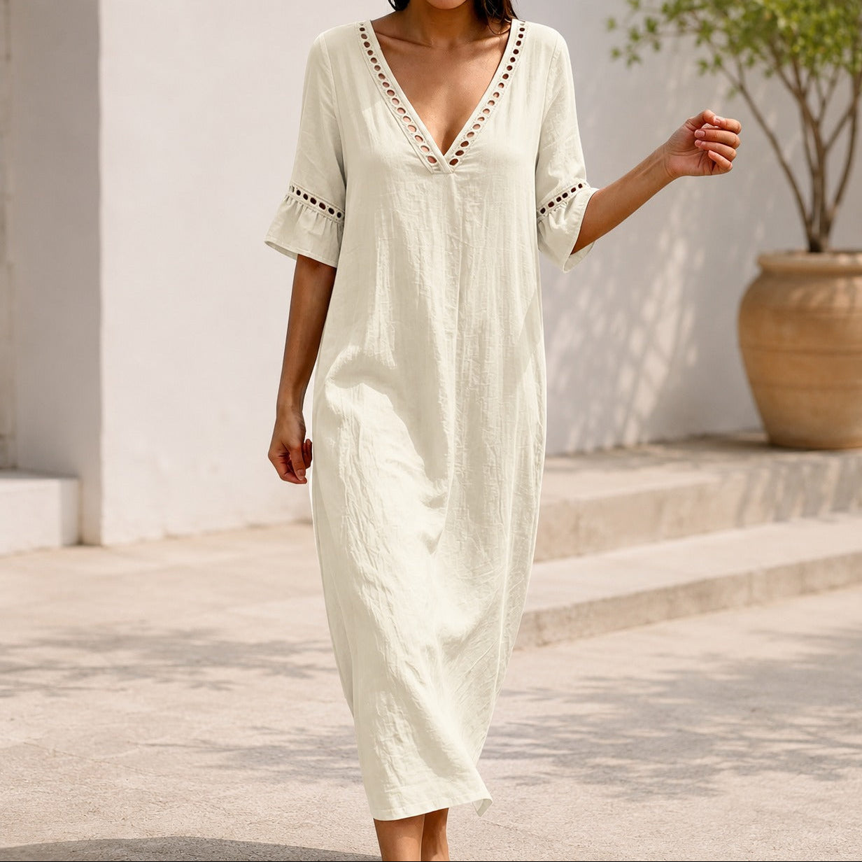 Ayla™ Linen-Cotton Dress with V-Neck and Ruffled Sleeves / Lightweight Elegance for Warm Days