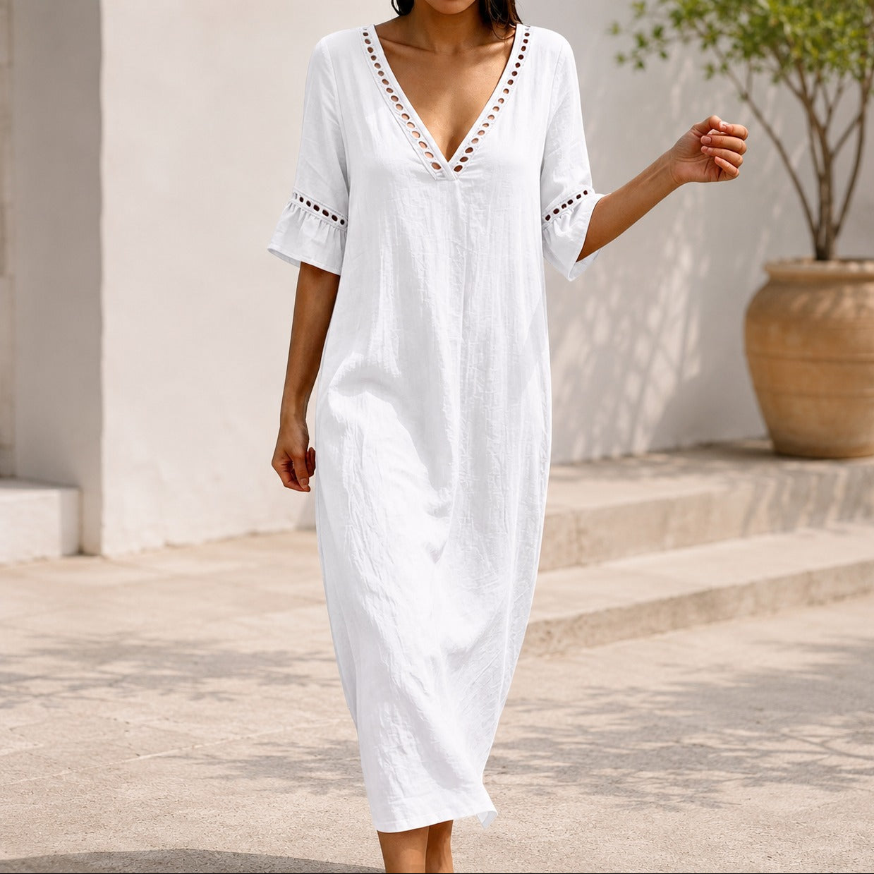 Ayla™ Linen-Cotton Dress with V-Neck and Ruffled Sleeves / Lightweight Elegance for Warm Days