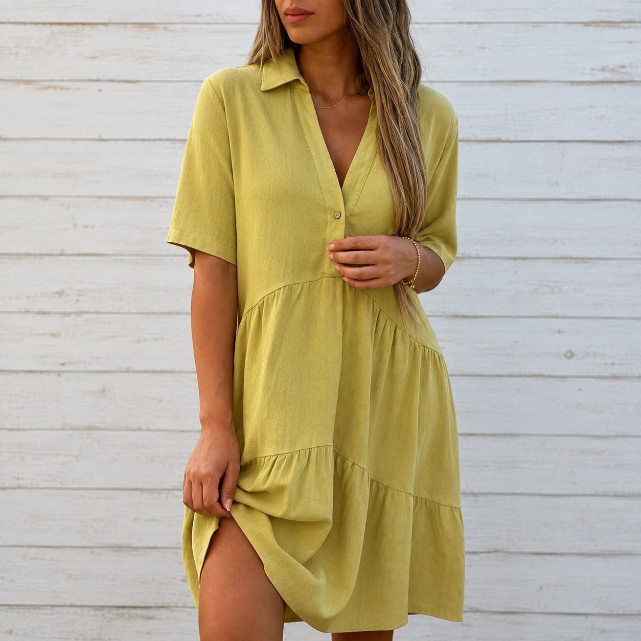 Dress Jasmine™ in Cotton Linen with Short Sleeves and Classic Collar