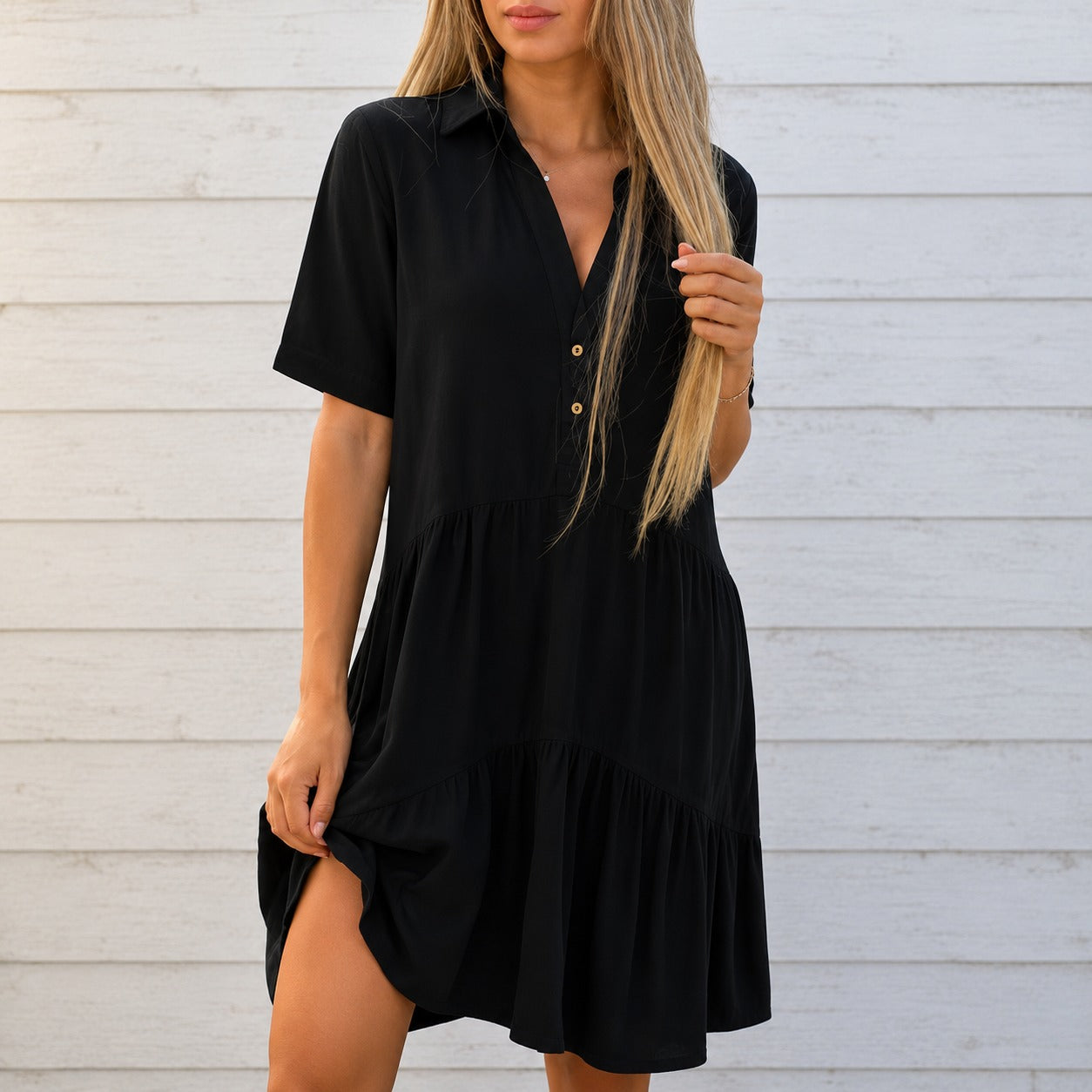 Dress Jasmine™ in Cotton Linen with Short Sleeves and Classic Collar