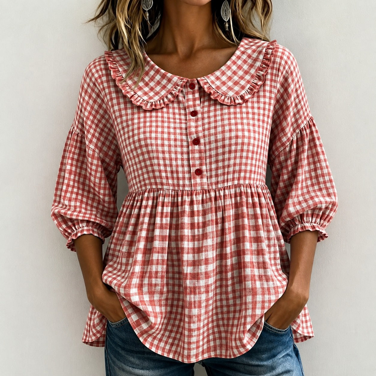 Gingham Blouse Emily™ with Ruffled Collar and Puff Sleeves