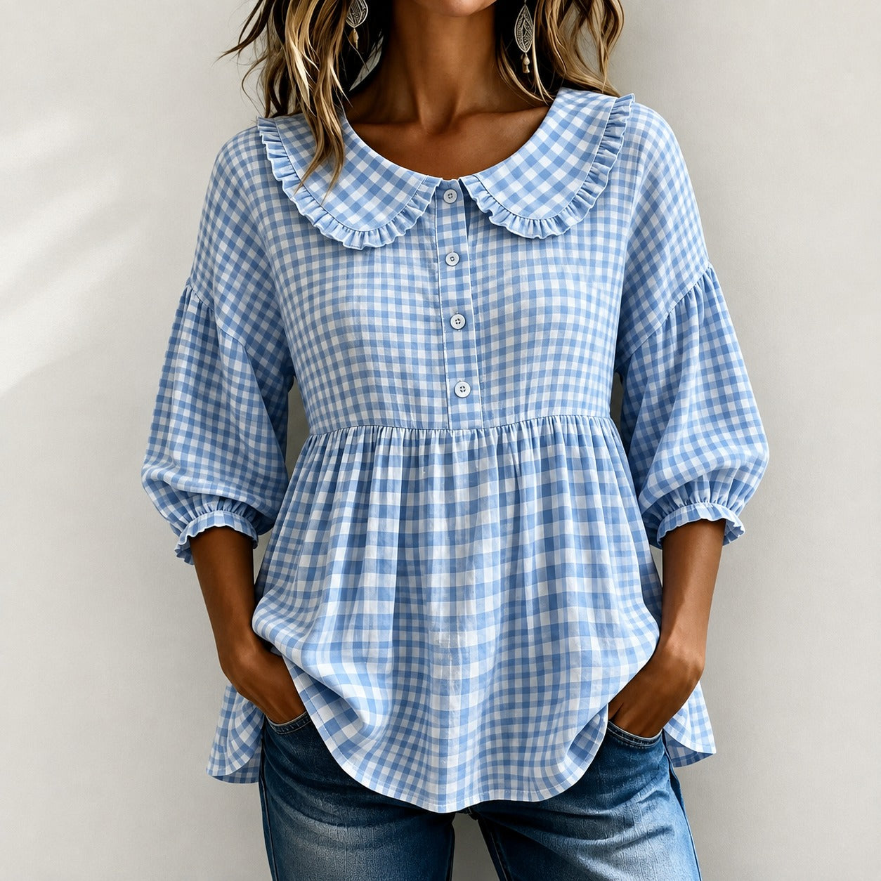 Gingham Blouse Emily™ with Ruffled Collar and Puff Sleeves