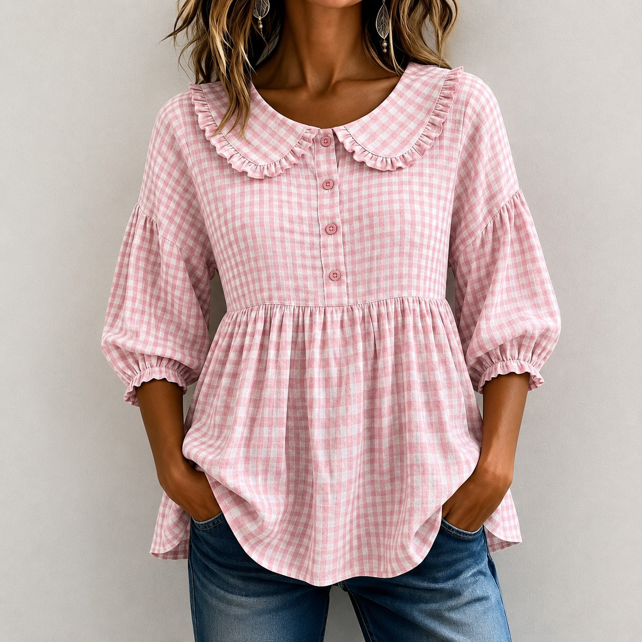 Gingham Blouse Emily™ with Ruffled Collar and Puff Sleeves