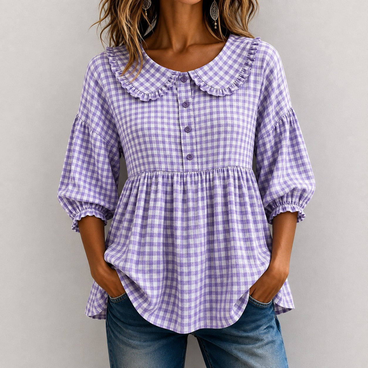 Gingham Blouse Emily™ with Ruffled Collar and Puff Sleeves