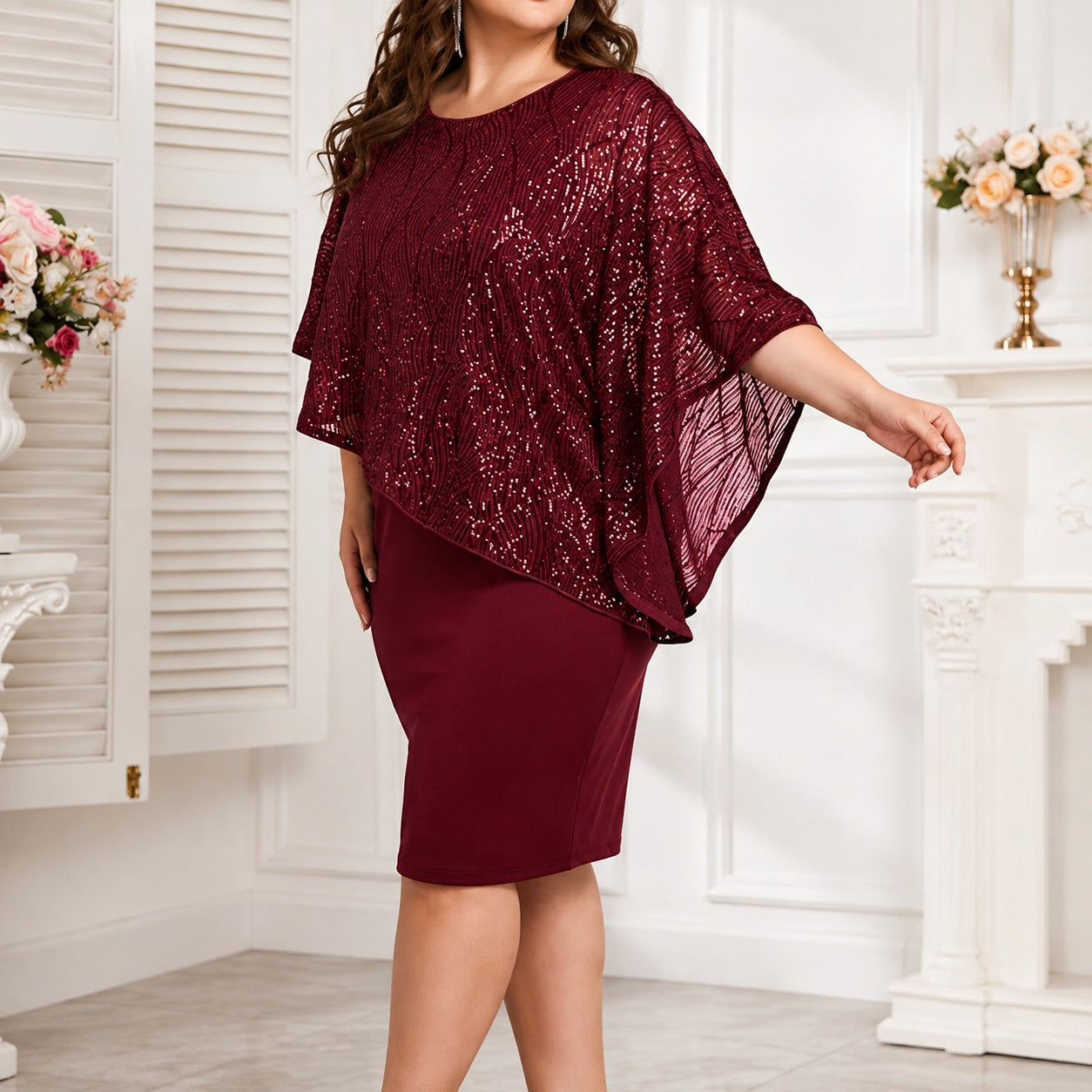 Liz™ Midi Dress with Asymmetrical Overlay, Shimmering Details and Rounded Neckline
